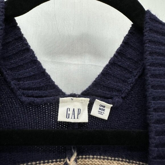 GAP Sweater Womens OS Striped Poncho Wool Camel Hair Cardigan Open Front Blue - Picture 8 of 10